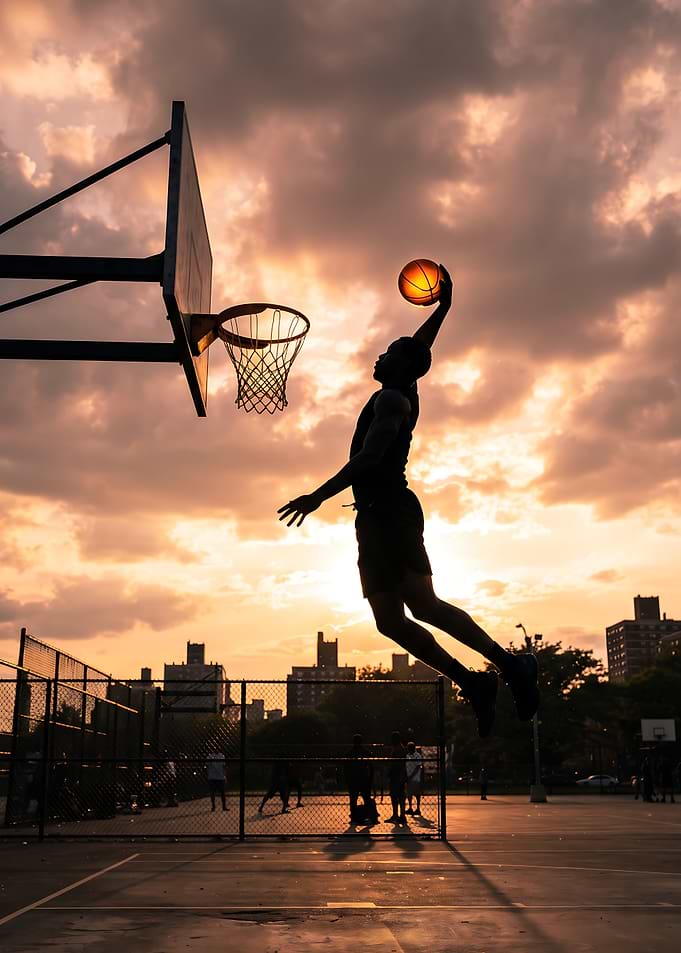 Basketball player dunking at sunset