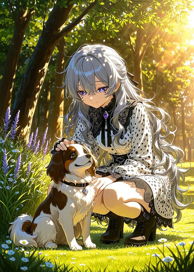 Anime Girl Petting Dog in Forest