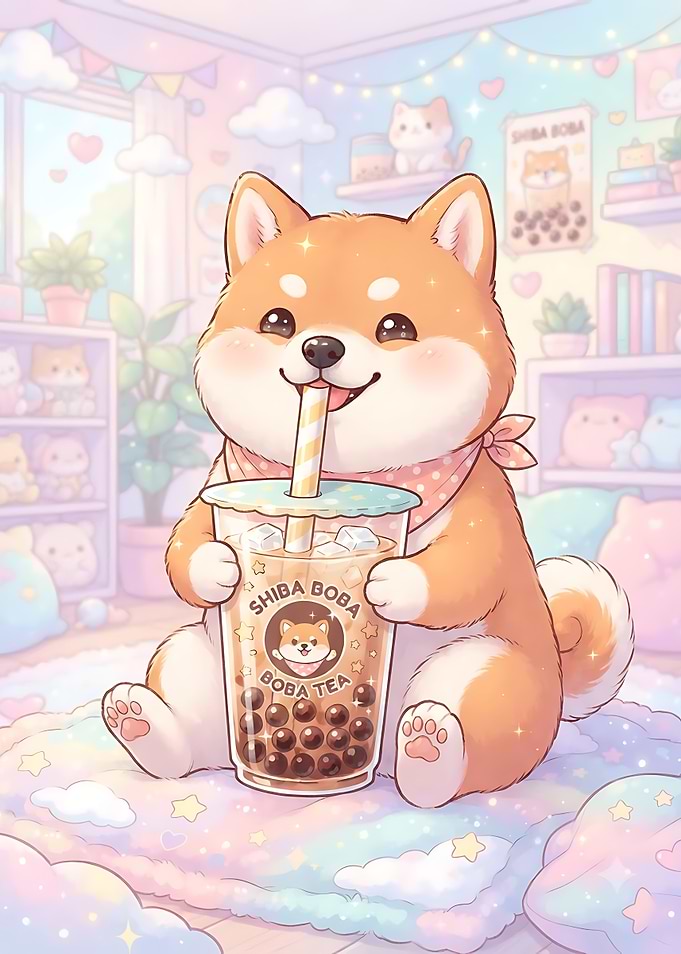 Cute Shiba Inu Drinking Boba Tea