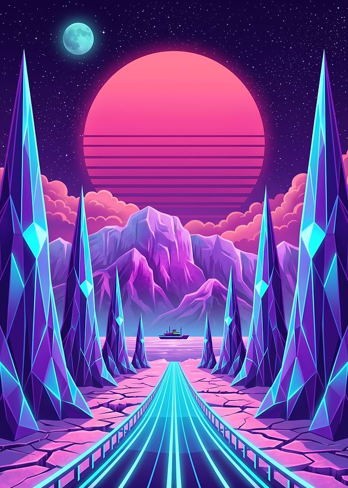 Synthwave Landscape with Glowing Crystals