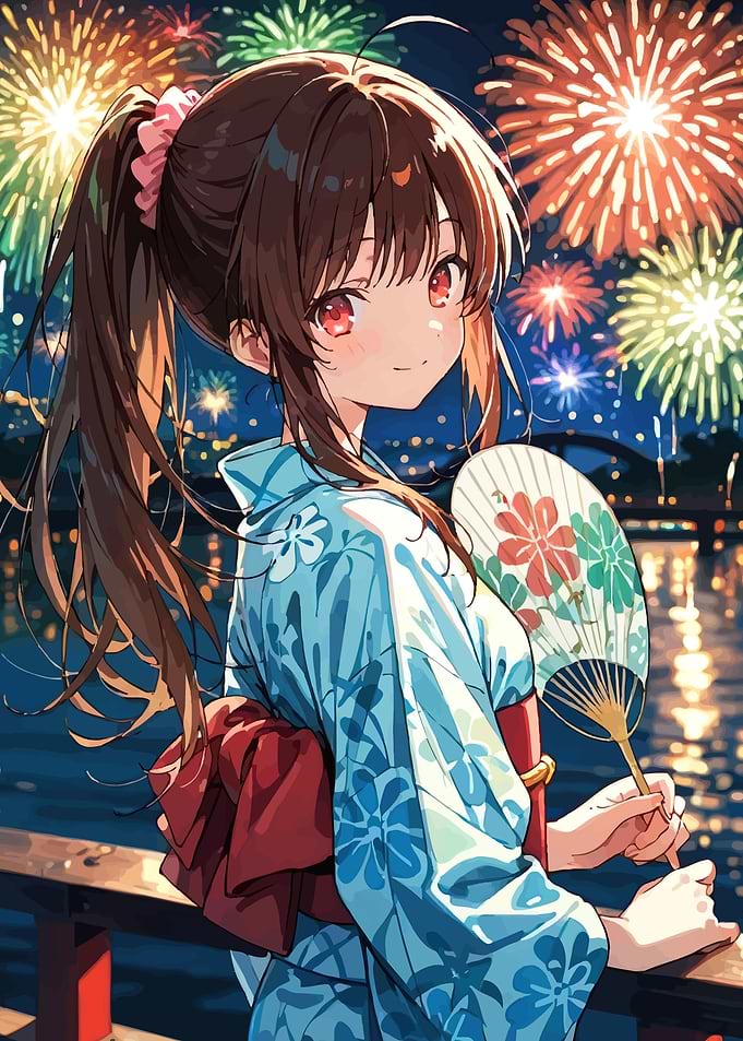 Anime Girl in Yukata Watching Fireworks