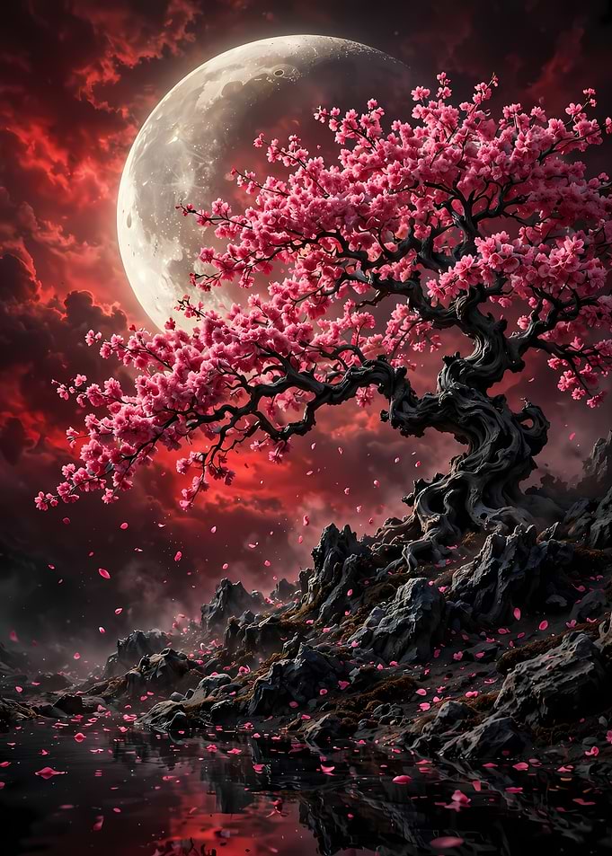 Cherry Blossom Tree Under Red Moon