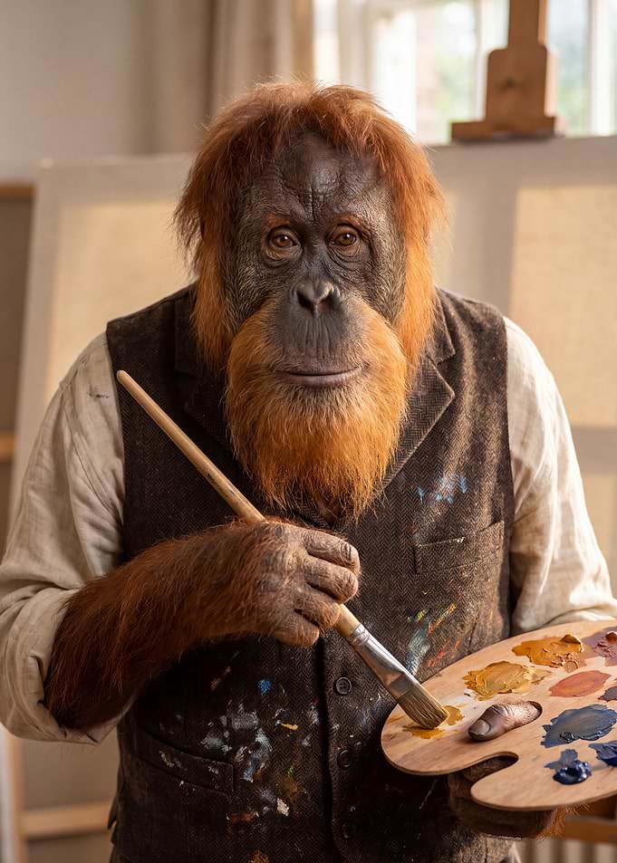 Orangutan Artist Painting in Studio