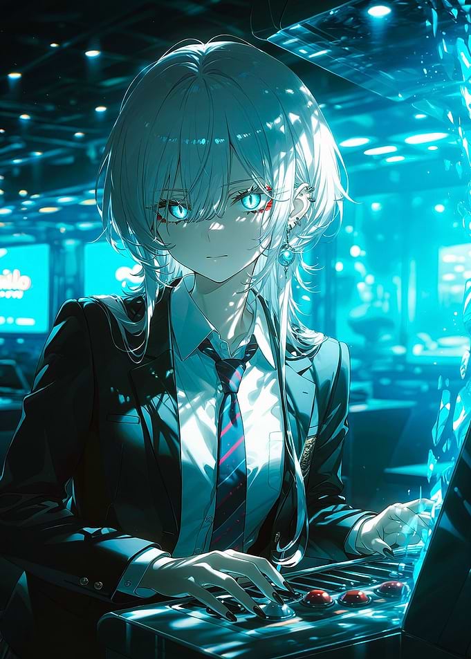 Cyberpunk Anime Girl Hacking Console