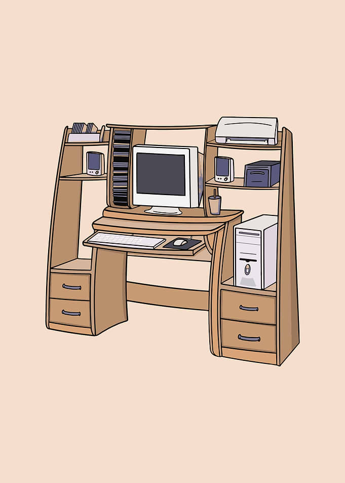 Retro Wooden Computer Desk Illustration