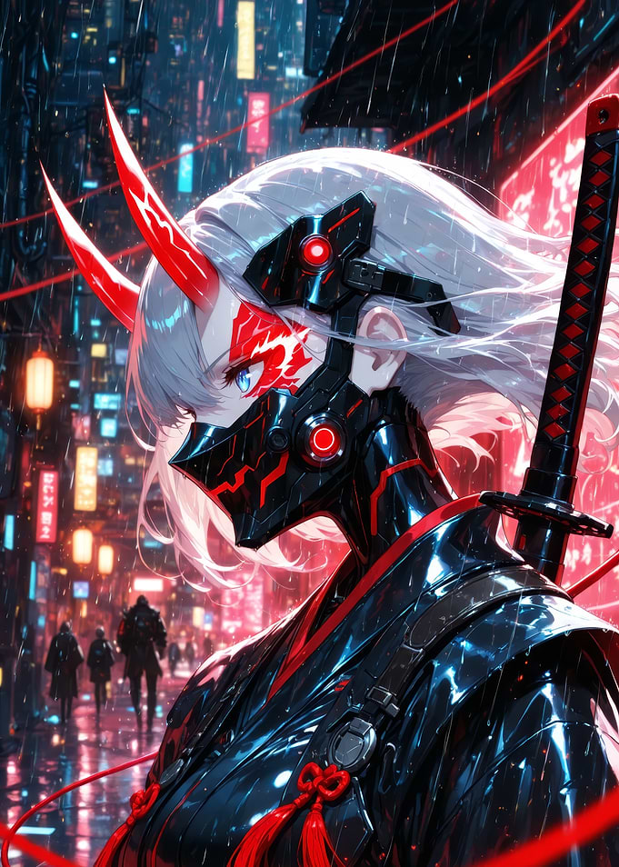 Cyberpunk Oni Samurai Girl