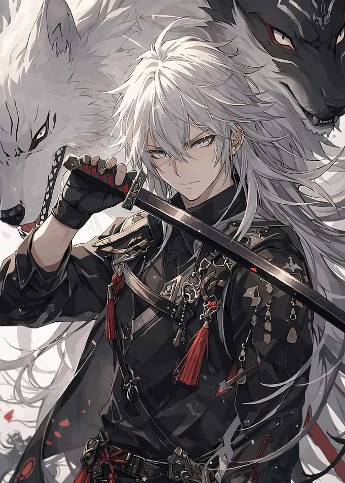 Anime Warrior with Dual Wolves