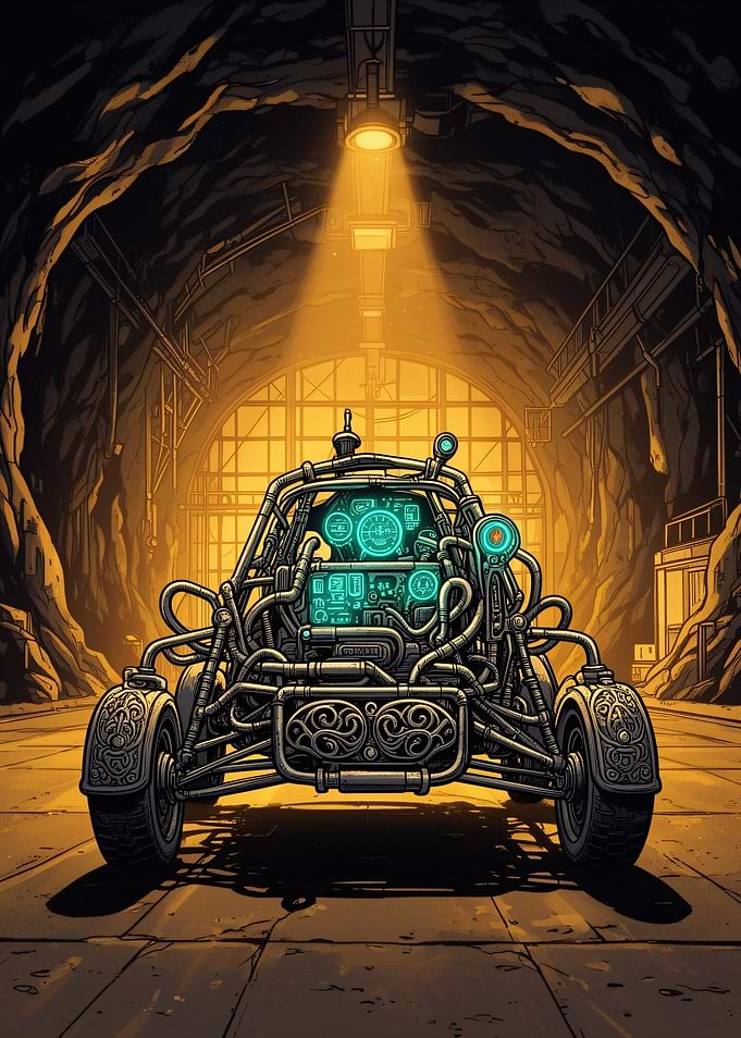 Steampunk Cybernetic Vehicle in Tunnel
