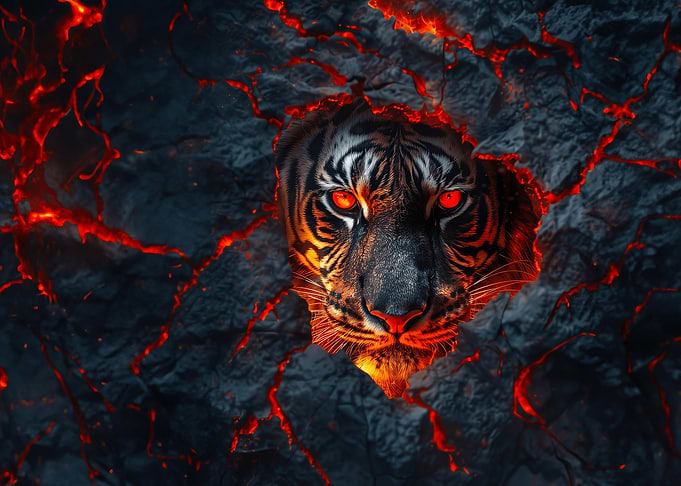 Fiery Tiger Emerging from Lava Rock