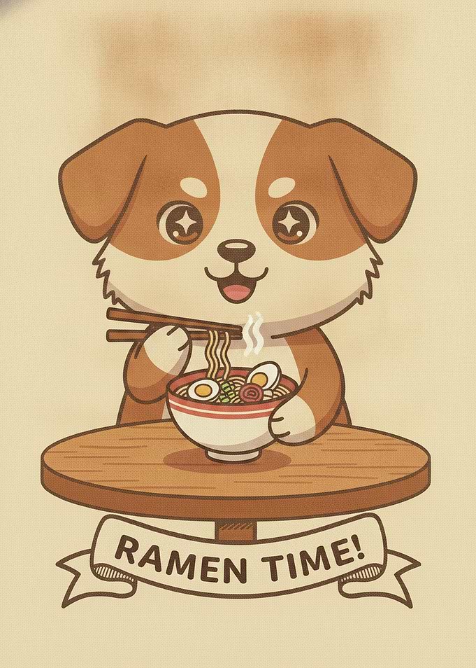 Cute Puppy Eating Ramen Illustration