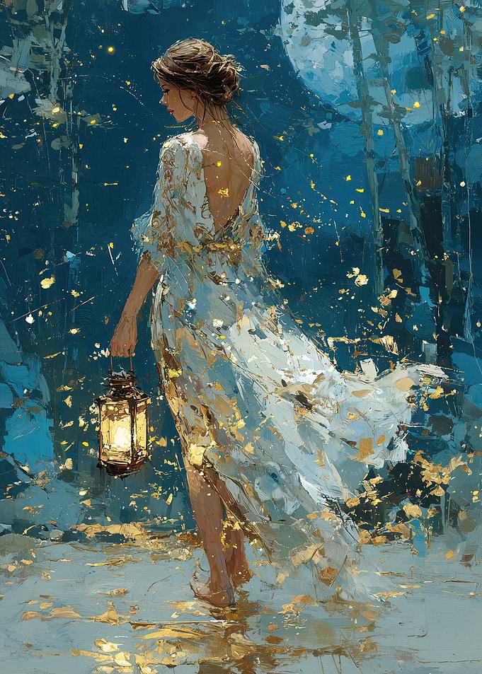 Woman in White Dress with Lantern