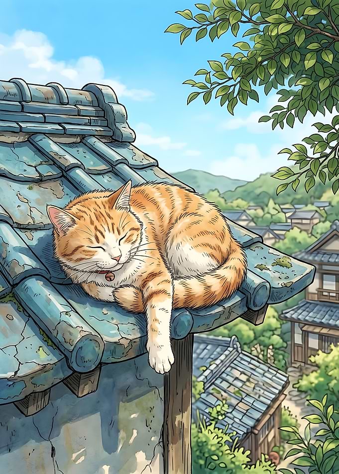 Ginger Cat Sleeping on Japanese Roof