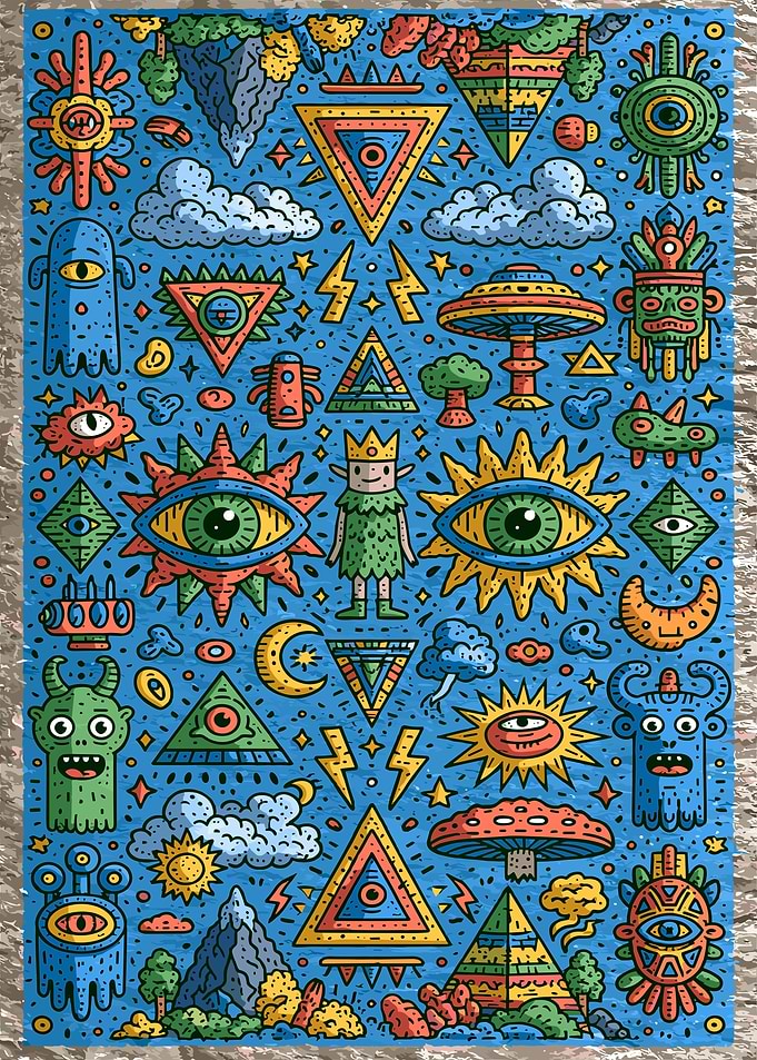 Psychedelic Doodle Pattern with Mystical Symbols