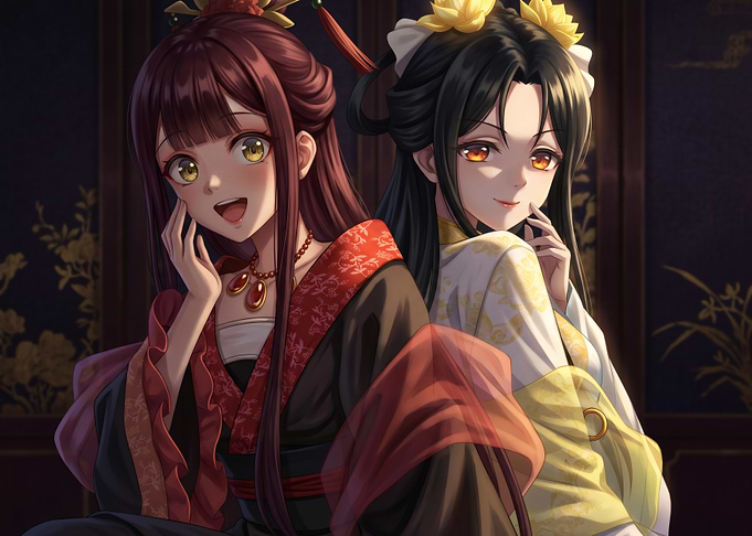 Two Anime Girls in Traditional Attire