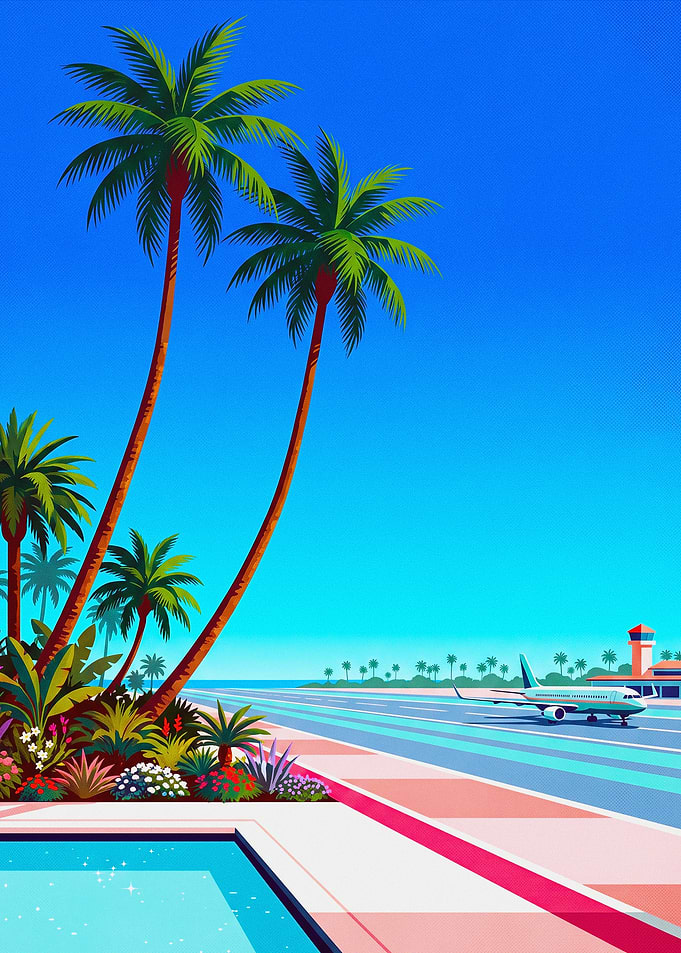 Tropical Airport Runway and Poolside View