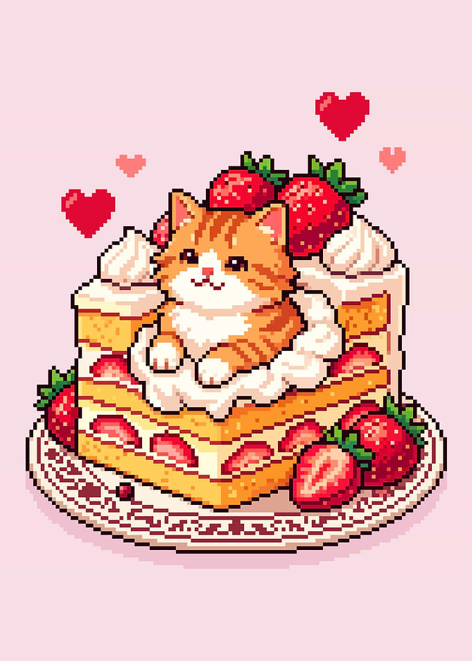 Cute Pixel Art Cat in Cake