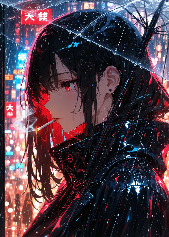 Anime Girl Smoking in Rainy City