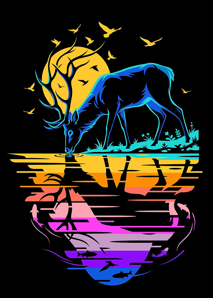 Neon Deer Drinking at Sunset