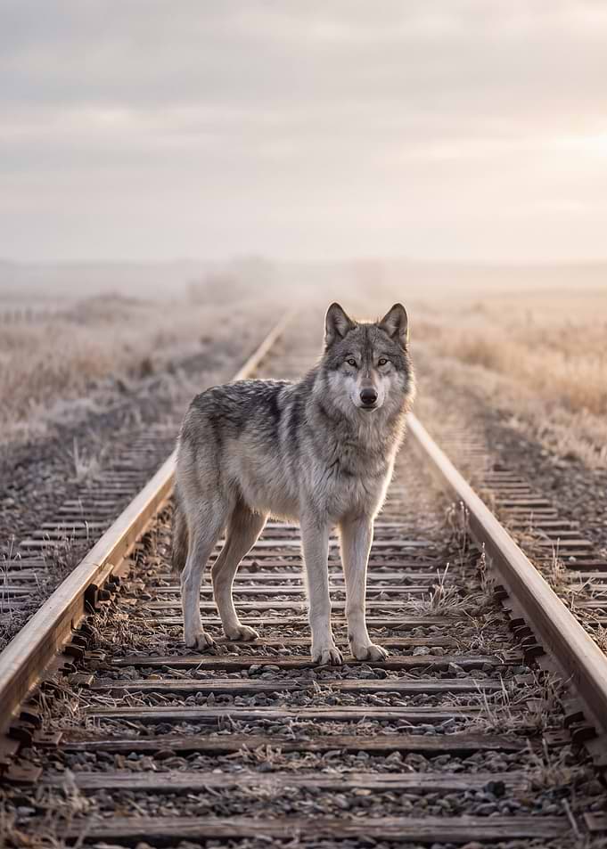 Wolf Standing on Railroad Tracks
