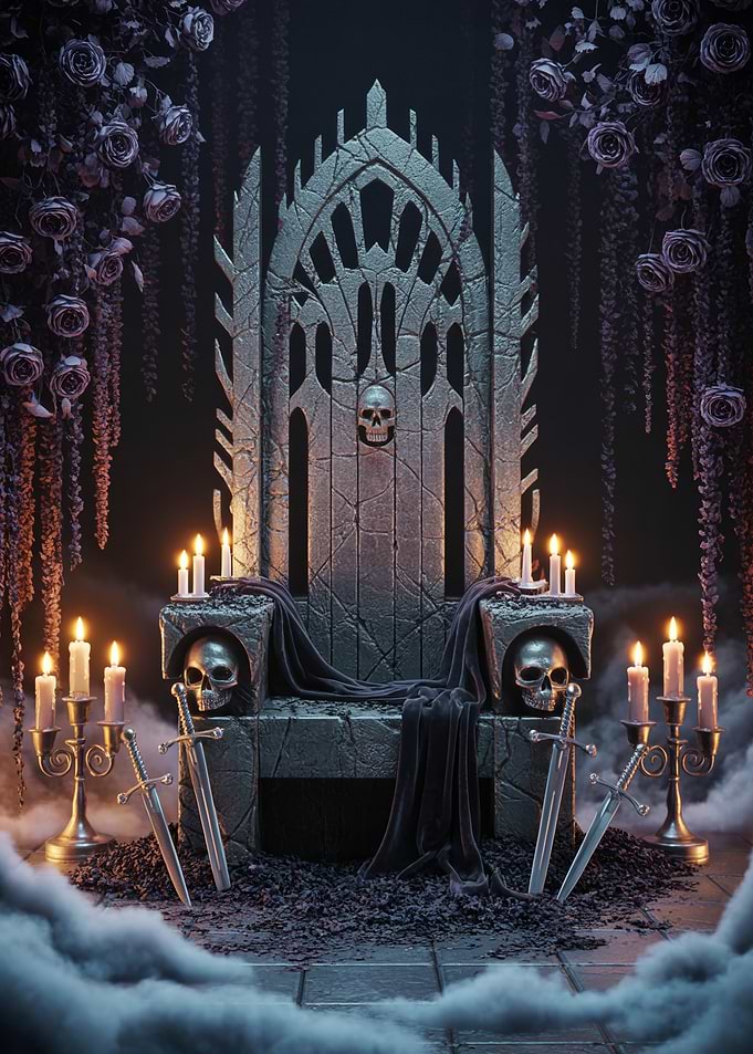 Dark Gothic Skull Throne Surrounded by Roses and Candles