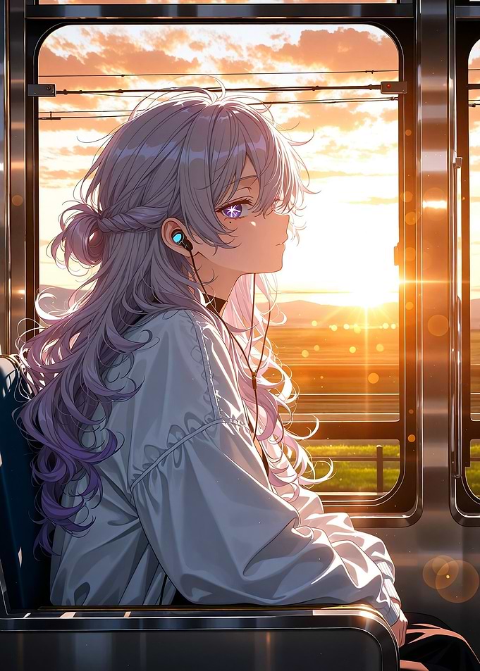 Anime Girl Riding Train at Sunset