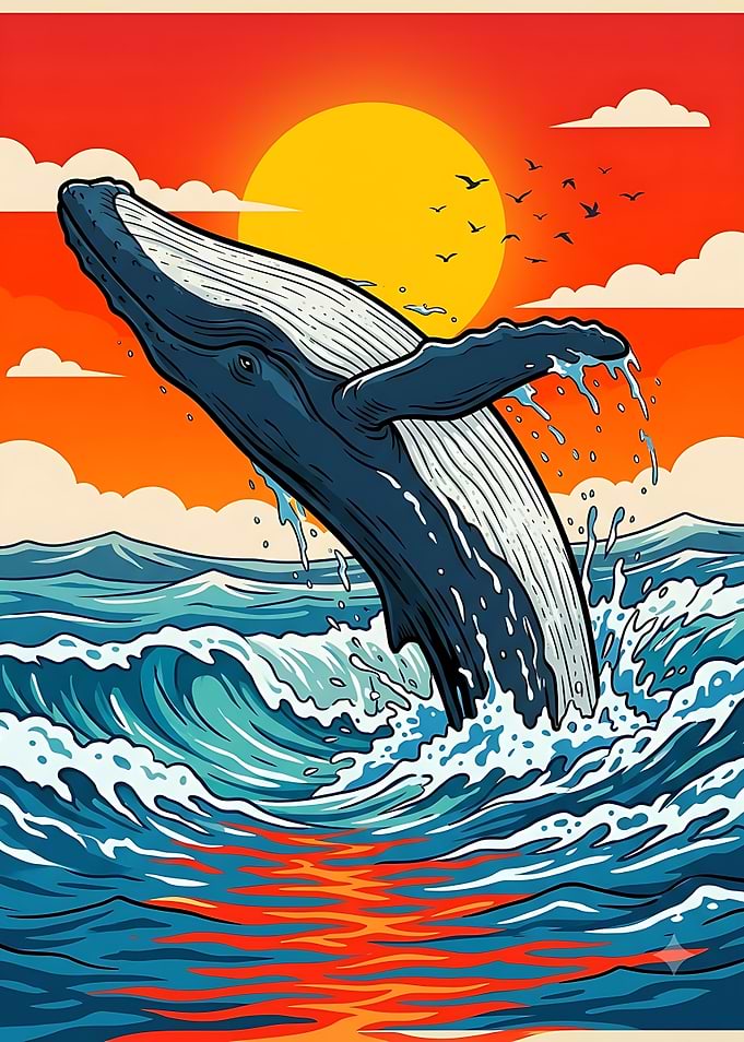 Humpback Whale Breaching at Sunset