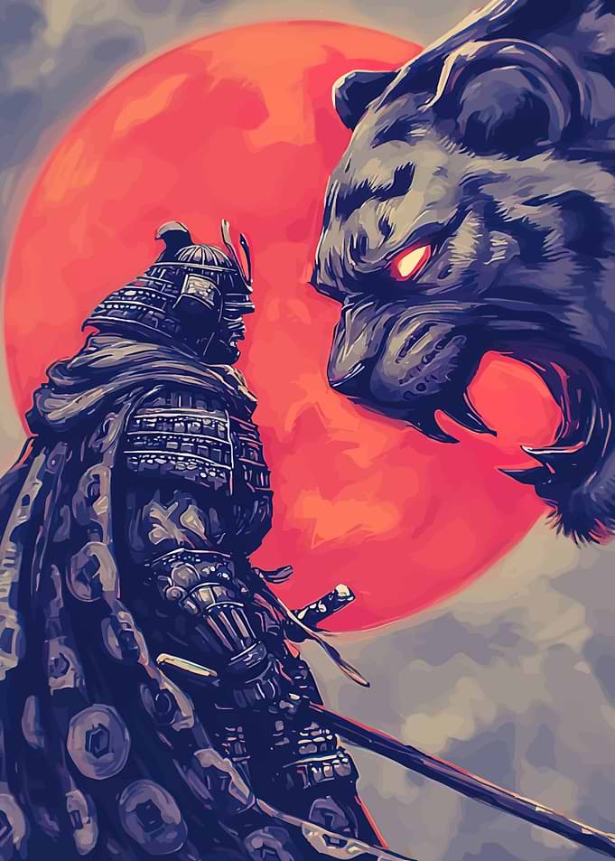 Samurai Facing a Giant Tiger