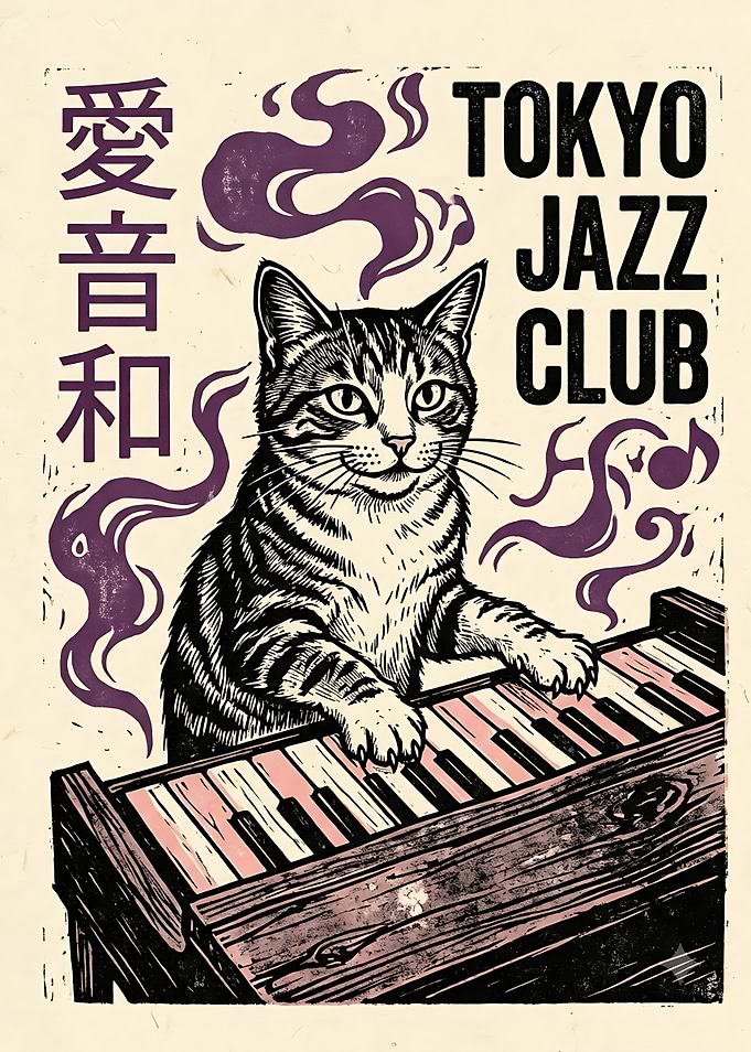 Tokyo Jazz Club Cat Piano Poster