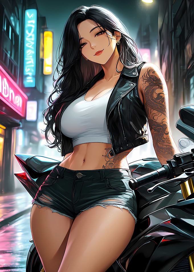 Biker Girl in City Night