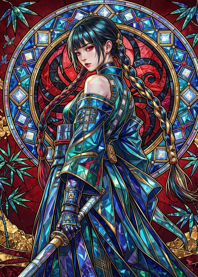 Stained Glass Samurai Warrior Woman