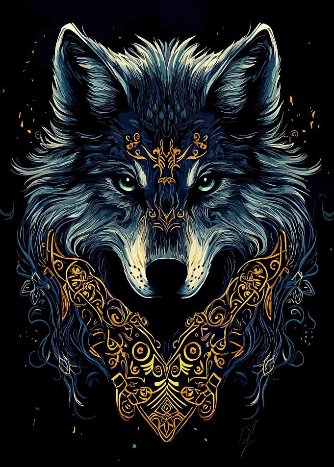 Ornate Golden Wolf Portrait