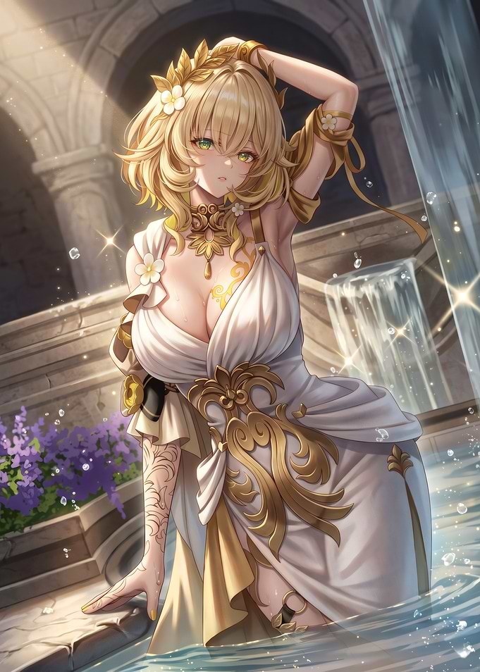Aglaea Ethereal Goddess in a Sunlit Fountain