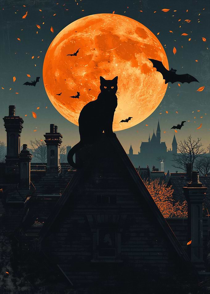 Black Cat on Rooftop Halloween Moon