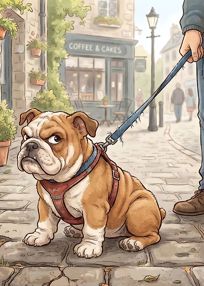 Grumpy Bulldog on a City Walk