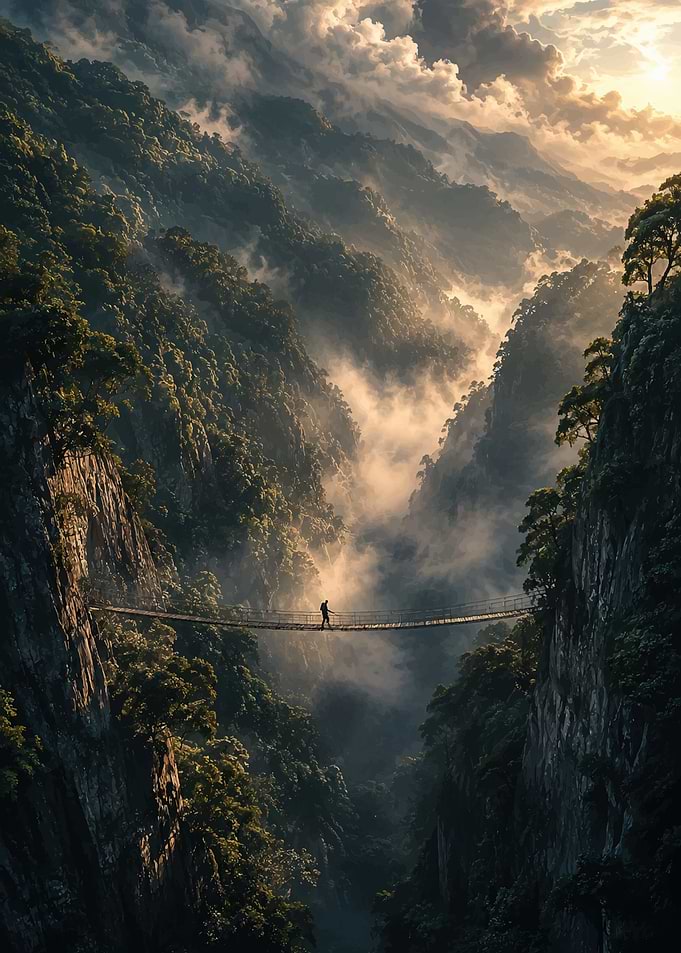 Lone Hiker Crossing Misty Mountain Bridge
