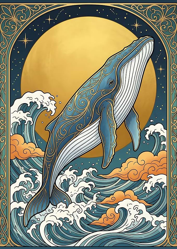 Ornate Humpback Whale Under Golden Moon