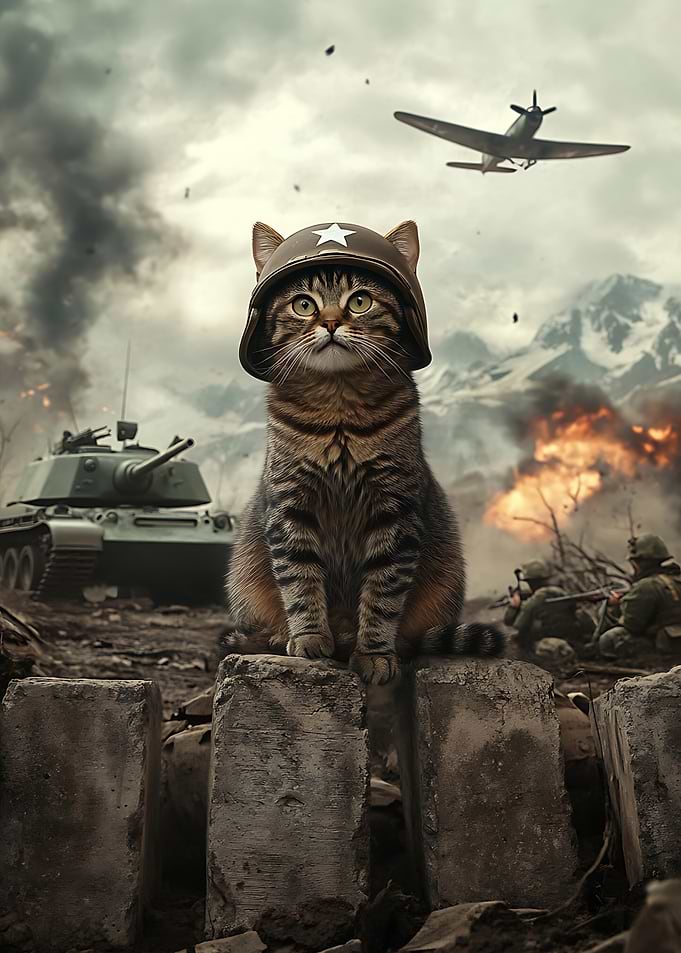 Brave Tabby Cat Soldier in Battle