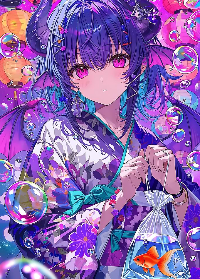Anime Demon Girl with Goldfish