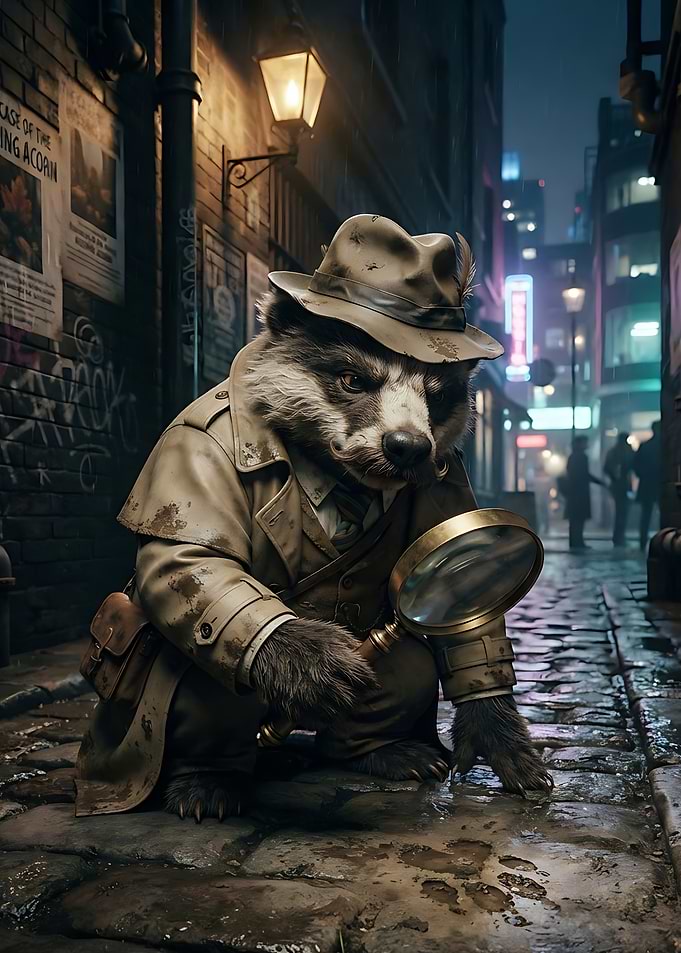 Detective Badger Investigating in Rainy Alley