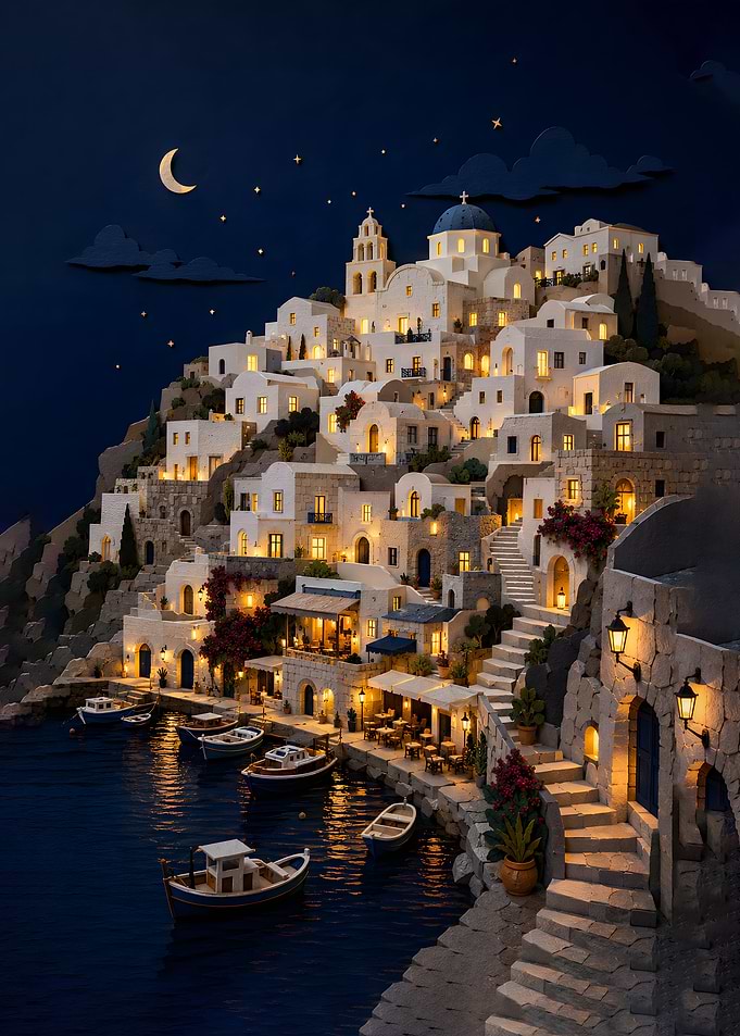 Midnight Harbor - Mediterranean Coastal Town at Night