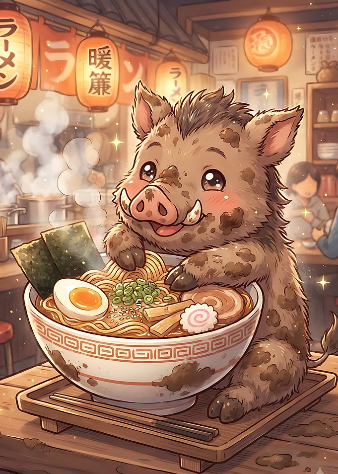 Cute Wild Boar Eating Ramen