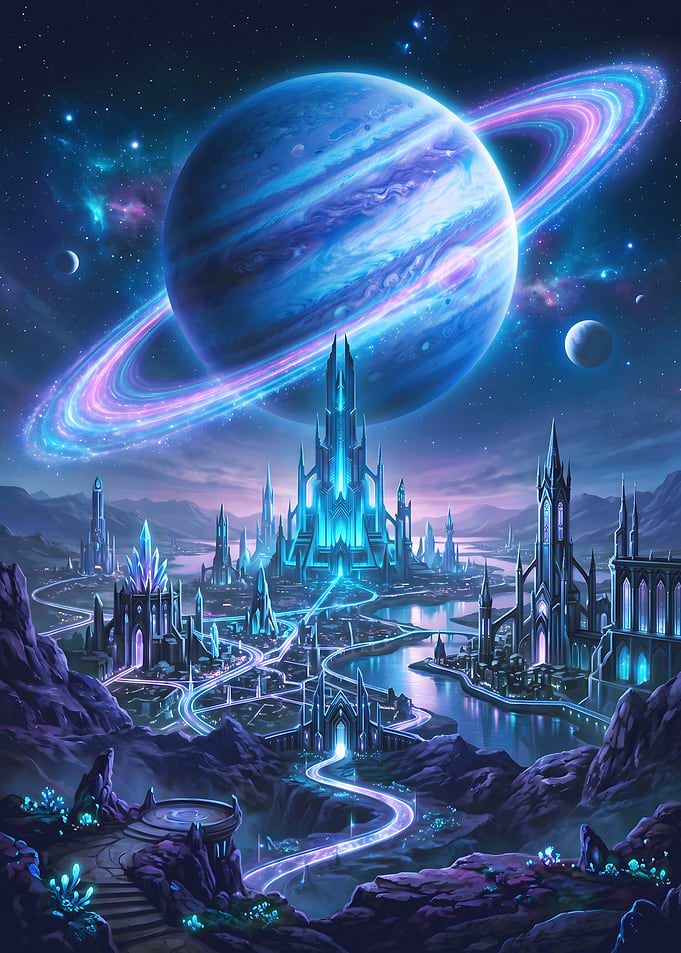 Futuristic Alien City Under Ringed Planet