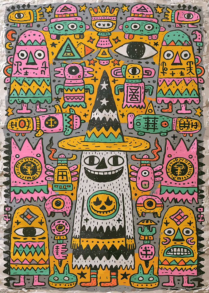 Whimsical Doodle Art Character Pattern