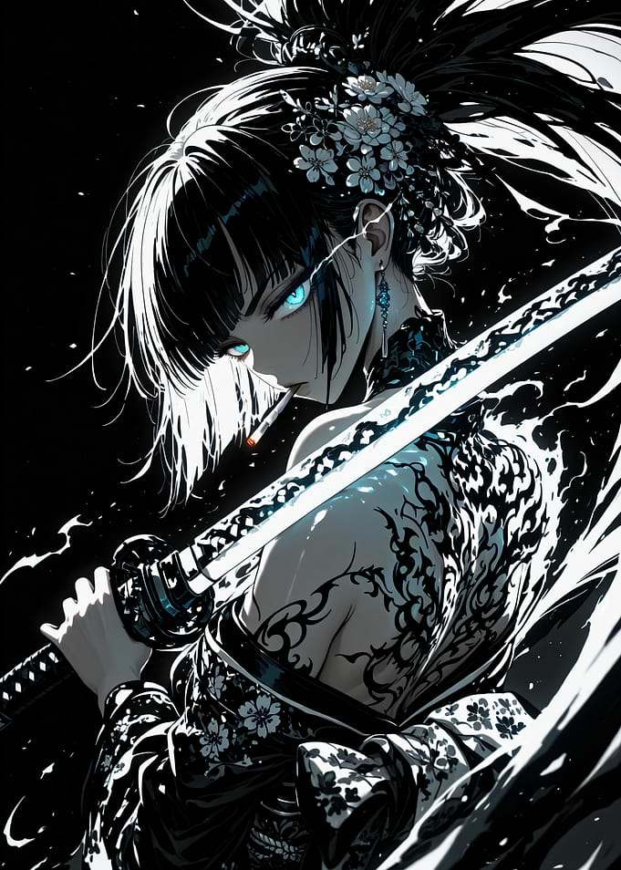 Anime Girl with Katana and Tattoos
