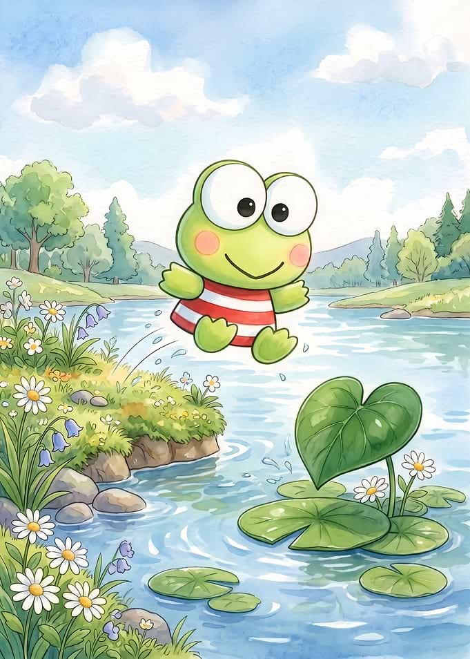 Keroppi Jumping Over a Pond