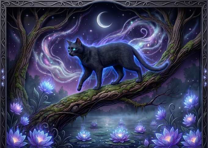 Mystical Black Cat in Enchanted Forest