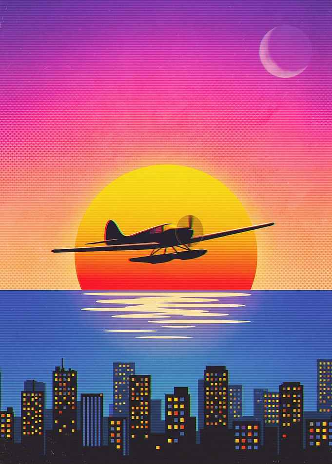 Retro Synthwave Seaplane Sunset Cityscape