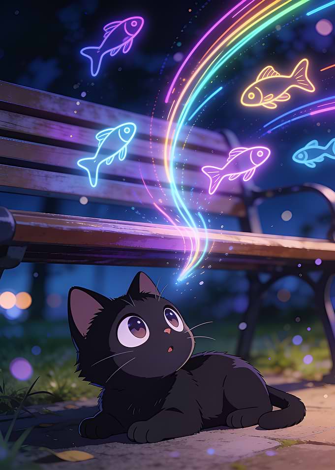 Cute Black Kitten Watching Neon Fish