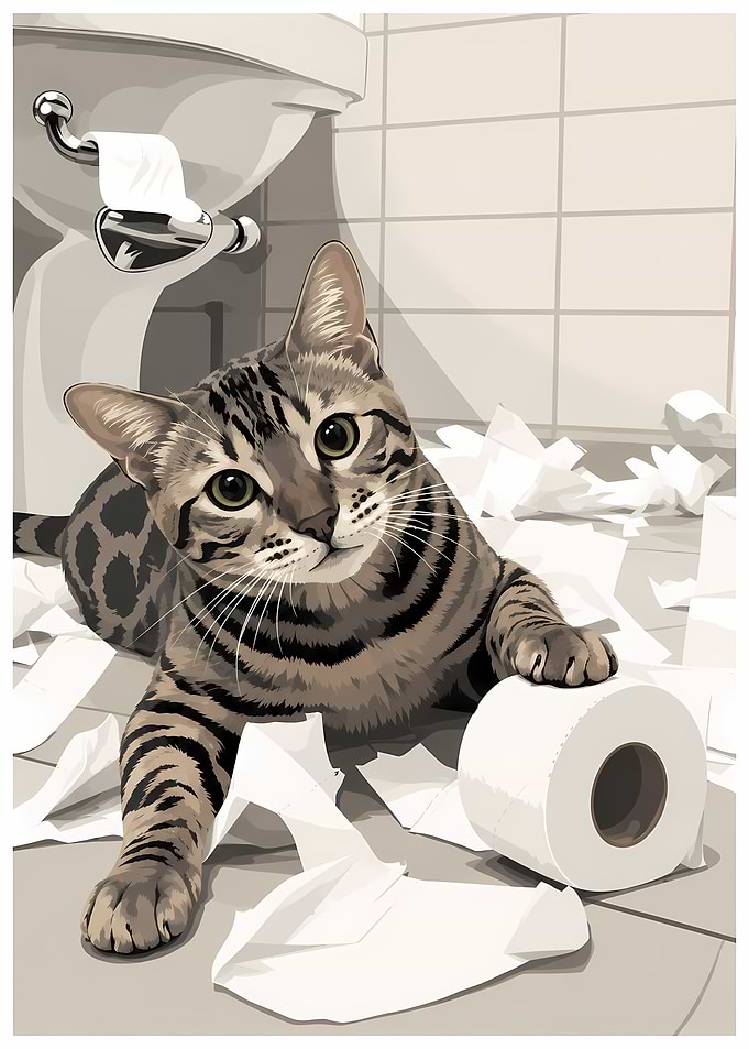 Mischievous Tabby Cat Playing with Toilet Paper