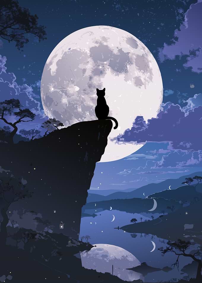 Cat Silhouetted Against Full Moon
